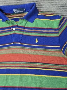 Polo Ralph Lauren Mens Polo Shirt Blue, Red, Yellow Stripe 100% Cotton Vintage M